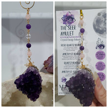 Load image into Gallery viewer, THE SEER AMULET - handcrafted Amethyst Cluster gold Crystal Energy Enhancer© Hanger Ornament Suncatcher Perfect gift for any crystal lover. Suncatchers Australia