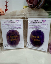 Load image into Gallery viewer, Amethyst Crystal Stone Affirmation Button. I want it. I got it. Manifest your wants and dreams as you hold the crystal. Promotes inner strength, intuition and spirituality. Great gift idea