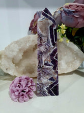 Load image into Gallery viewer, Beautiful Chevron Crystal Amethyst Crystal Tower Obelisk. Inspires Insight and spirituality