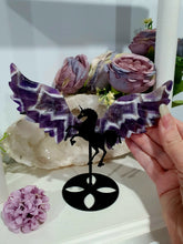 Load image into Gallery viewer, Beautiful polished Chevron Amethyst Pegasus Wings on stand. Inspiring Intuition and Spirituality