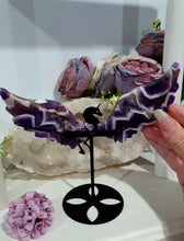 Load image into Gallery viewer, Beautiful polished Crystal Chevron Amethyst Pegasus Wings on stand. Inspiring Intuition and Spirituality