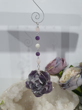 Load image into Gallery viewer, THE INTUITIVE ROSE Amethyst Carving silver Crystal Energy Enhancer© Hanger Ornament Suncatcher. Inspires Intuition, Love & Magic. Crystal Suncatchers