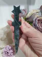 Load image into Gallery viewer, Beautiful Polished Moss Agate Athame (Dagger) Crystal Carving. Inspires Grounding and connection