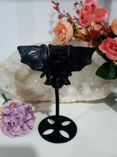 Load image into Gallery viewer, Beautiful polished Black Obsidian BAT Crystal Carving Stone on stand. Promotes protection and balance
