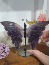 Load image into Gallery viewer, Amethyst Butterfly Wings Crystal Carving Stone on Stand.
Inspires Intuition and Spirituality
Beautiful Amethyst Stone Butterfly Wings Crystal Carving on stand. These have amazing inclusions in them.