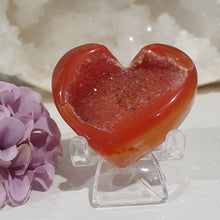 Load image into Gallery viewer, Stunning Carnelian Heart Crystal Carving on Stand. Inspires Sensuality and Self Confidence. Fantastic Druzy