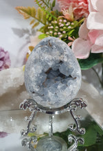 Load image into Gallery viewer, Celestite Egg Crystal Carving on silver Stand.
Inspires Communication with the Angels
Gorgeous Celestite egg Crystal Carving on silver Stand.