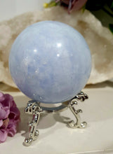 Load image into Gallery viewer, Celestite Sphere Crystal Carving on Silver Stand. Inspires Communication with the Angels