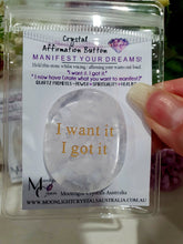 Load image into Gallery viewer, Quartz Crystal Affirmation Button. use to manifest your dreams and wants. Quartz promotes power and spirituality.