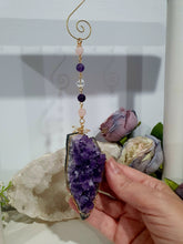 Load image into Gallery viewer, THE SEER AMULET - handcrafted Amethyst Cluster gold Crystal Energy Enhancer© Hanger Ornament Suncatcher Perfect gift for any crystal lover. Suncatchers Australia