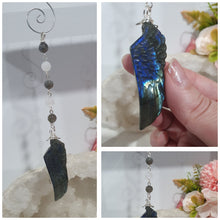 Load image into Gallery viewer, Labradorite Feather Stone Silver Wired Crystal Energy Enhancer© / Hanger / Ornament / Sun Catcher
Inspires ANGELIC CONNECTION | STRENGTH | INTUITION
Gorgeous Labradorite feather stone crystal carving beaded with Labradorite and Moonstone. Wired in Silver