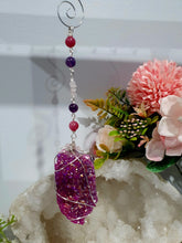 Load image into Gallery viewer, ENCHANTED AURA - Handcrafted Titanium Aura Quartz Crystal Energy Enhancer© / Hanger / Ornament / Suncatcher
inspires EMPOWERMENT | COMPASSION | MAGICK
Gorgeous Titanium Aura Quartz crystal beaded with Rhodochrosite, Amethyst and Rose Quartz. Wire wrapped in silver
Genuine Crystals. no plastic or glass. Ensuring energy flow throughout the enhancer. Crystal Suncatchers
