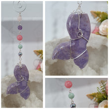 Load image into Gallery viewer, "MERMAID TALES" Lavender Jade Mermaid Tail silver Crystal Energy Enhancer© Hanger Ornament Suncatcher.
Inspires Enchantment, Freedom and Balance.
Gorgeous Lavender Jade Mermaid Tail Crystal Carving beaded with Amethyst, Rose Quartz, Rhodochrosite, Amazonite, Rainbow Hematite and Quartz. Wire wrapped in silver