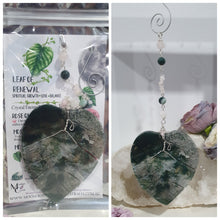 Load image into Gallery viewer, LEAF OF RENEWAL Moss Agate Leaf silver Crystal Energy Enhancer© Hanger Ornament Suncatcher, Inspires Spiritual Growth, Love & Balance. Crystal Suncatchers