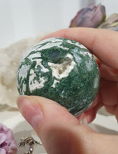 Load image into Gallery viewer, Lovely Moss Agate Sphere Crystal carving on silver stand. Beautiful Druzy! Great Crystal Gift Idea. Promotes Grounding and connection to earth