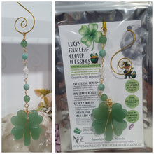 Load image into Gallery viewer, "LUCKY FOUR-LEAF CLOVER BLESSINGS" Handcrafted Aventurine Crystal Carving Gold Stone Crystal Energy Enhancer© / Hanger / Ornament / Suncatcher
Beautiful Aventurine four-leaf clover crystal carving beaded with Amazonite, Aventurine and Quartz. Wire wrapped in Gold.