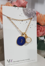 Load image into Gallery viewer, Midnight-Moon-Enamel-Pendant-with-Crystal-Moonstone-Bead-Gold-Necklace- Moonlight-Crystals-Australia