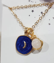 Load image into Gallery viewer, Midnight-Moon-Enamel-Pendant-with-Crystal-Moonstone-Bead-Gold-Necklace- Moonlight-Crystals-Australia