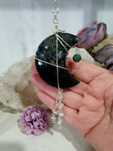 Load image into Gallery viewer, The Grounding Moon Crystal Energy Enhancer Suncatcher. Stunning Moss agate Moon beaded with Moss Agate and quartz. Hang in your home or space and feel the ambient energy. Great Crystal gift idea.