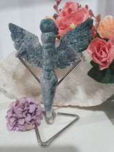 Load image into Gallery viewer, Stunning Moss Agate Dagger with Angel Wings Crystal Carving Stone on Silver Stand. Tranquility and Grounding Energy
