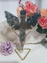 Load image into Gallery viewer, Stunning Moss Agate Dagger with Angel Wings Crystal Carving Stone on Gold Stand. Tranquility and Grounding Energy
