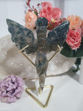 Load image into Gallery viewer, Stunning Moss Agate Dagger with Angel Wings Crystal Carving Stone on Gold Stand. Tranquility and Grounding Energy