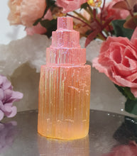 Load image into Gallery viewer, Lovely Peach coloured (dyed) Selenite tower. Aids in cleansing and grounding.