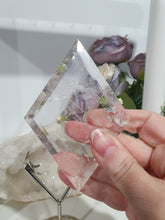 Load image into Gallery viewer, Diamond Crystal Carving Quartz Stone on Silver Stand 180mm | Inspires Power, Purity and Spirituality has amazing RAINBOWS
