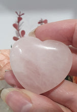 Load image into Gallery viewer, Rose Quartz Heart Crystal Love Attractor. Hold is your hand and voice / Affirm / Manifest loving relationships. Geniune Rose Quartz Heart Crystal Carving