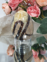 Load image into Gallery viewer, Beautiful polished Septarian Egg Crystal Carving Stone on plastic stand. A must for any crystal collector