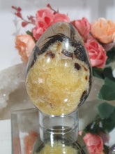 Load image into Gallery viewer, Beautiful polished Septarian Egg Crystal Carving Stone on plastic stand. A must for any crystal collector
