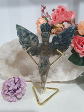 Load image into Gallery viewer, Stunning Moss Agate Dagger with Angel Wings Crystal Carving Stone on Gold Stand. Tranquility and Grounding Energy