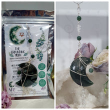 Load image into Gallery viewer, The Grounding Moon Crystal Energy Enhancer Suncatcher. Stunning Moss agate Moon beaded with Moss Agate and quartz. Hang in your home or space and feel the ambient energy. Great Crystal gift idea.