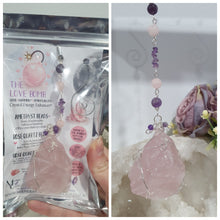 Load image into Gallery viewer, THE LOVE BOMB Rose Quartz Crystal Rough Silver Wired Crystal Energy Enhancer© Hanger Ornament Suncatcher. Inspires Unconditional Love, Harmony, Spirituality. Crystal Suncatchers