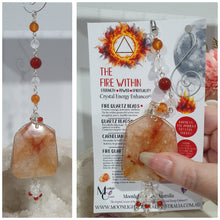 Load image into Gallery viewer, THE FIRE WITHIN" Handcrafted Fire Quartz Tower Crystal Carving Silver Crystal Energy Enhancer© Gemstone / Hanger / Suncatcher / Ornament
STRENGTH | POWER | SPIRITUALITY
Beautiful Fire Quartz Tower Carving Crystal Energy Enhancer© / Sun Catcher / Ornament / Hanger beaded with Fire Quartz, Carnelian and Quartz. wired in Silver
