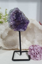 Load image into Gallery viewer, Gorgeous Amethyst Crystal Cluster Stone On stand. So sparkly and great display piece.
