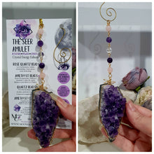 Load image into Gallery viewer, THE SEER AMULET - handcrafted Amethyst Cluster gold Crystal Energy Enhancer© Hanger Ornament Suncatcher Perfect gift for any crystal lover. Suncatchers Australia