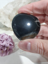 Load image into Gallery viewer, Black Agate Heart Crystal Carving on Stand. Inspires Courage and Good Fortune