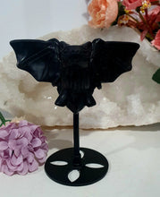 Load image into Gallery viewer, Beautiful polished Black Obsidian BAT Crystal Carving Stone on stand. Promotes protection and balance