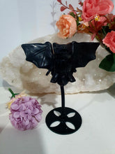 Load image into Gallery viewer, Beautiful polished Black Obsidian BAT Crystal Carving Stone on stand. Promotes protection and balance