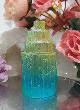 Load image into Gallery viewer, Lovely blue green coloured (dyed) Selenite tower. Aids in cleansing and brings calm.