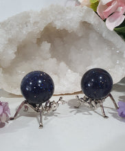 Load image into Gallery viewer, Beautiful Blue Sandstone Sphere Crystal Carving on Silver Stand in the shape of an ant. This is so lovely and sparkly.