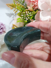 Load image into Gallery viewer, Moon Bowl Moss Agate Crystal Carving Stone. Inspires tranquility and grounding.
Beautiful polished Moss Agate Moon Bowl Crystal Carving