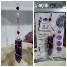 Load image into Gallery viewer, Crystal Suncatchers - WAND OF INSIGHT - Handcrafted Amethyst Tower Point Stone Silver Crystal Energy Enhancer© Hanger Ornament Suncatcher. Beaded with Amethyst and rose quartz. Inspires insight and spiritality