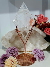 Load image into Gallery viewer, Lovely polished Quartz Diamond Crystal Carving on Rose Gold stand. Quartz Stone. This has been discounted due to a crack in diamond.