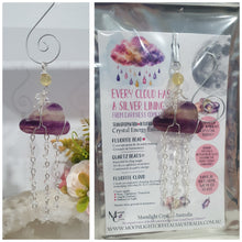 Load image into Gallery viewer, Lovely "EVERY CLOUD HAS A SILVER LINING" Fluorite Cloud silver wired Crystal Energy Enhancer© Hanger Ornament Suncatcher.
From Darkness comes Light.
TRANSFORMATION / INTUITION / SPIRITUALITY
Beautiful Fluorite Cloud Crystal Carving beaded with Fluorite & Quartz. wired in Silver