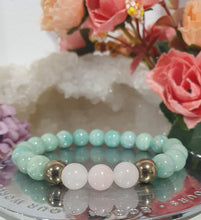Load image into Gallery viewer, Amazonite, Rose Quartz & Pyrite Crystal Bracelet Gemstones 8mm 7inch bracelet. Hope, Love & Success