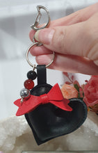 Load image into Gallery viewer, Love & Seductions Crystal Keyring in silver. Vinyl Heart with bow. Beaded with Obsidian, Carnelian and Hematite. Protection, Love and Seduction.