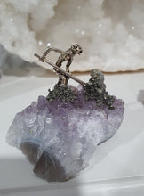 Load image into Gallery viewer, Gorgeous Miner on Amethyst Crystal Cluster Stone with pyrite. Inspires Intuition and spirituality