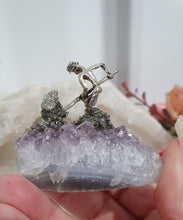 Load image into Gallery viewer, Gorgeous Miner on Amethyst Crystal Cluster Stone with pyrite. Inspires Intuition and spirituality